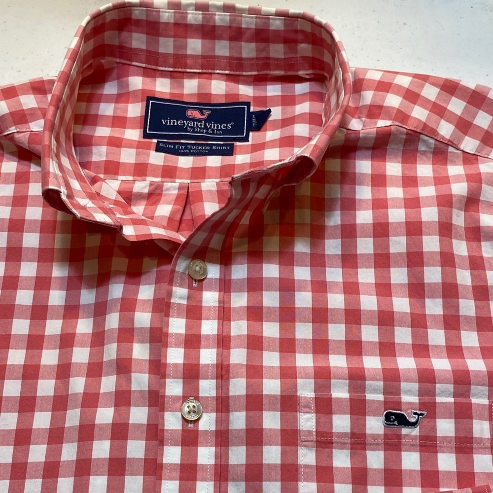 Vineyard Vines Men's Red and White Plaid Shirt (pink coral not red) Size L